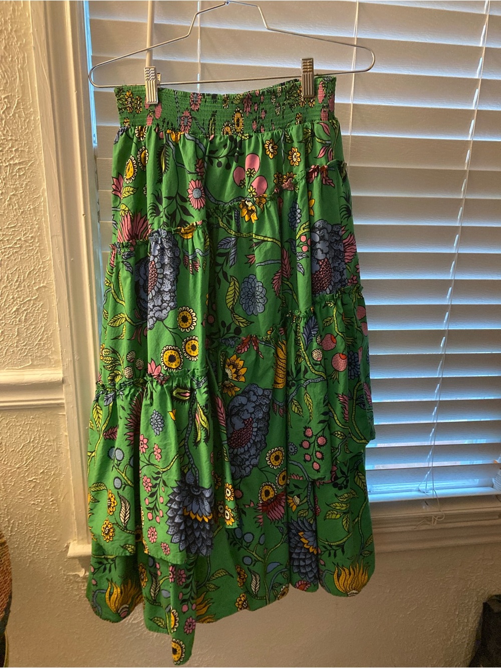 Anthropologie Green Floral Tiered Maxi Skirt with Pink & Yellow Accents